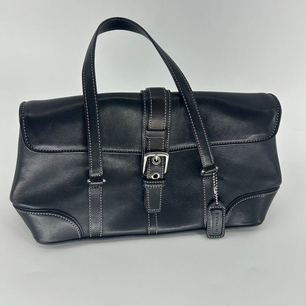 Vintage Y2K Coach Hamptons Leather Satchel Hand Bag Black Flap 9267 Authentic